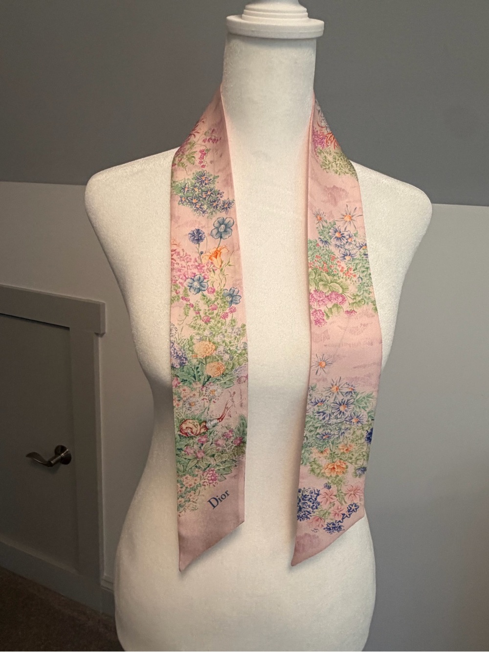 Christian Dior Mitzah Silk Scarf Pink Floral Garden Couture Bee Ribbon - Picture 5 of 5
